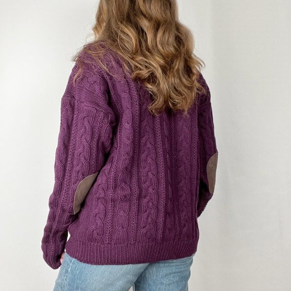 Vintage Hand Made Cable Knit Elbow Batch Oversized Aran Sweater Preppy Academia - Picture 3 of 8